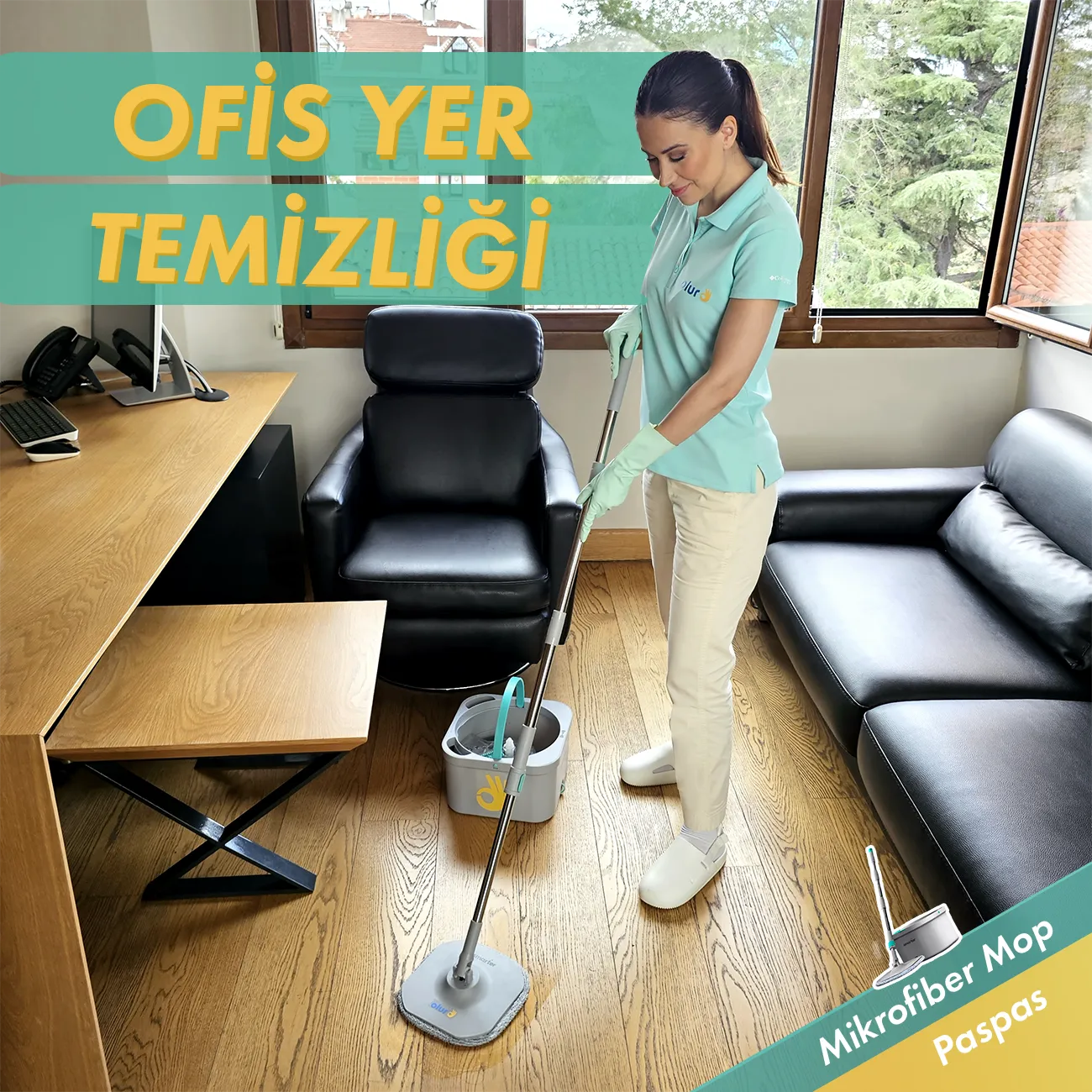 Ofis yer temizliği yapılırken zeminler mikrofiber mop (paspas) ile siliniyor